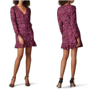 PARKER Alison Floral Long Puff Sleeve Ruffle Wrap Dress in Cranberry